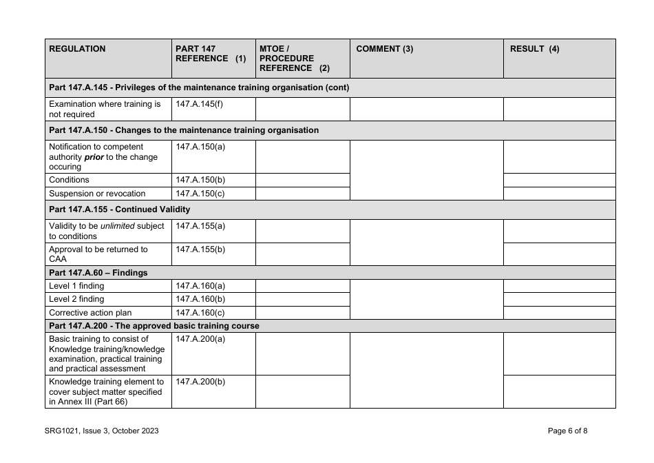 Form SRG1021 UK Regulation (Eu) No. 1321 / 2014, Annex IV (Part 147) Compliance Check List - United Kingdom, Page 6