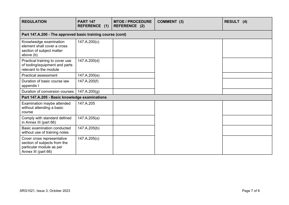 Form SRG1021 UK Regulation (Eu) No. 1321 / 2014, Annex IV (Part 147) Compliance Check List - United Kingdom, Page 7