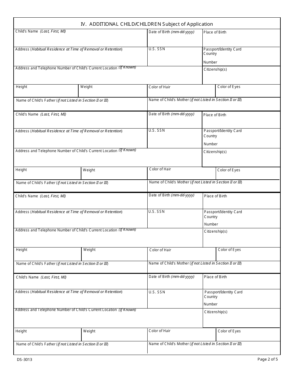 Form DS-3013 Application Under the Hague Convention on the Civil Aspects of International Child Abduction, Page 2