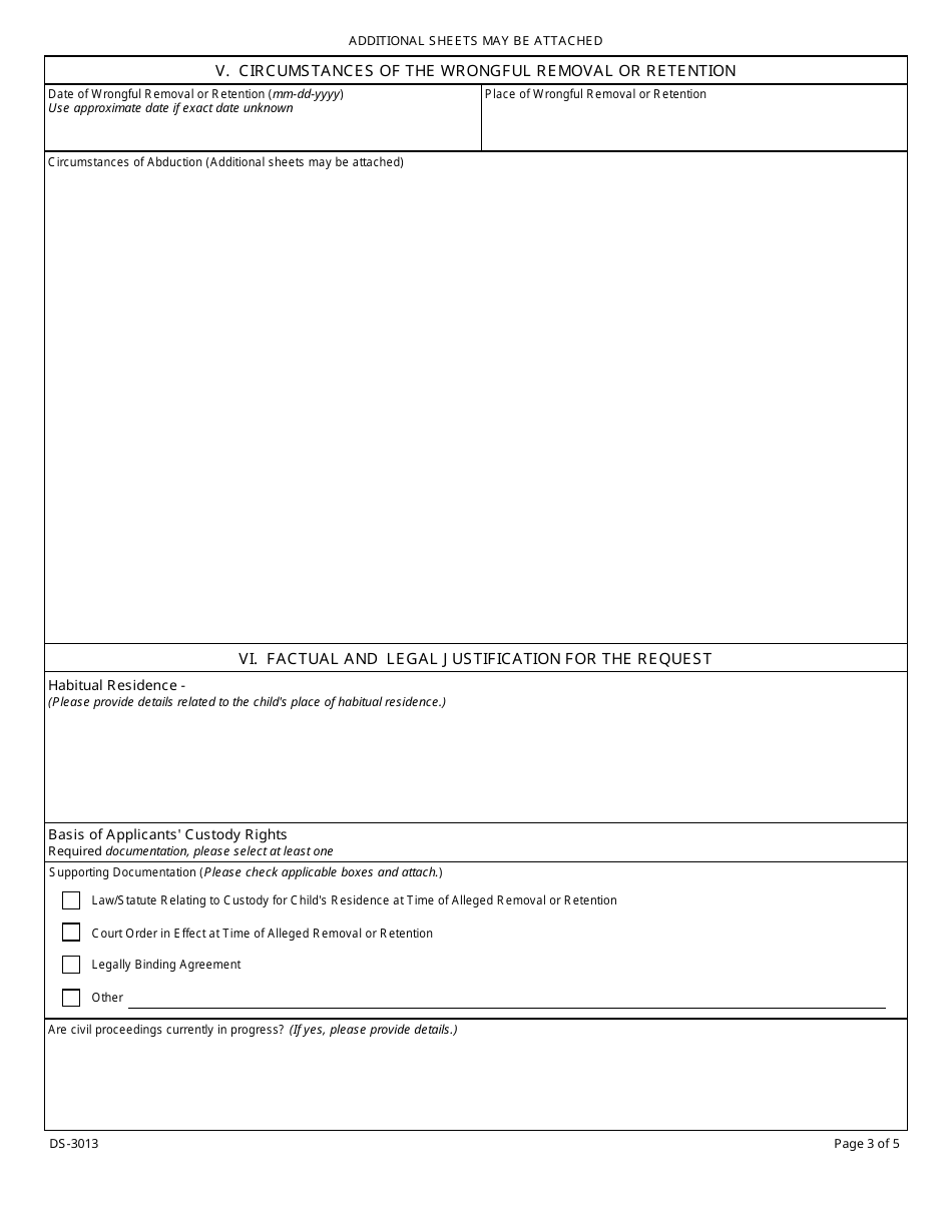 Form DS-3013 Application Under the Hague Convention on the Civil Aspects of International Child Abduction, Page 3