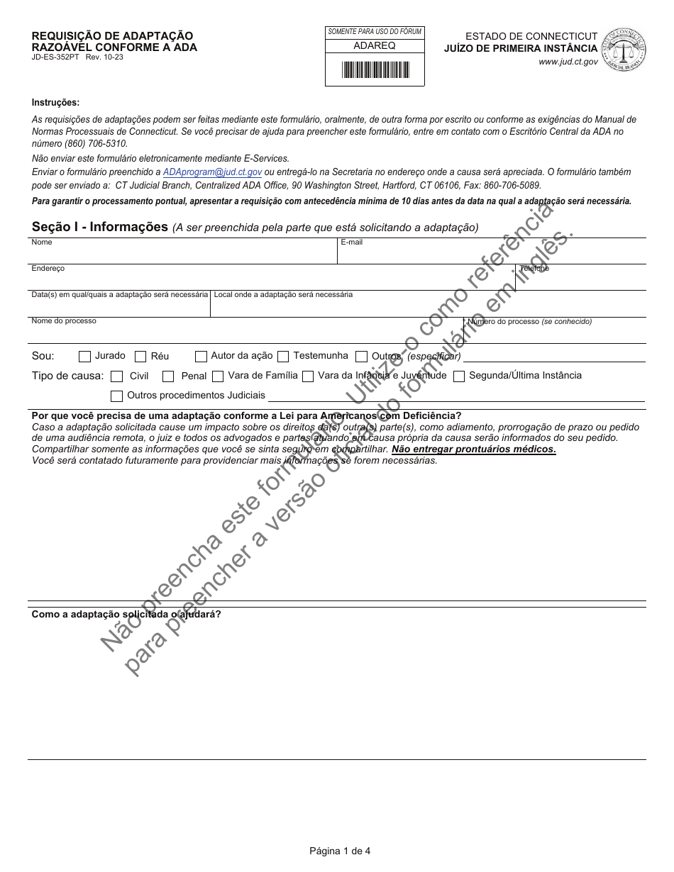 Form JD-ES-352PT Ada Request for Reasonable Accommodation - Connecticut (Portuguese), Page 1