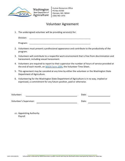 Form AGR-1239 Volunteer Agreement - Washington