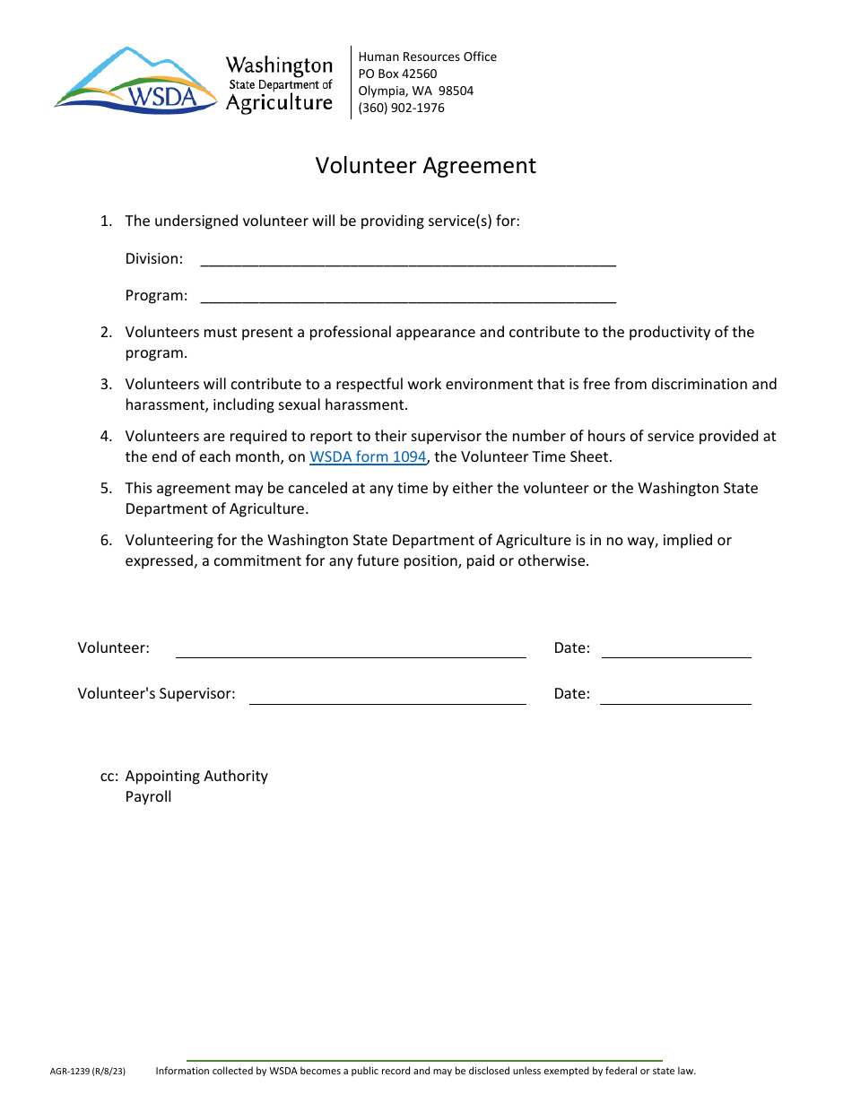 Form AGR-1239 Volunteer Agreement - Washington, Page 1