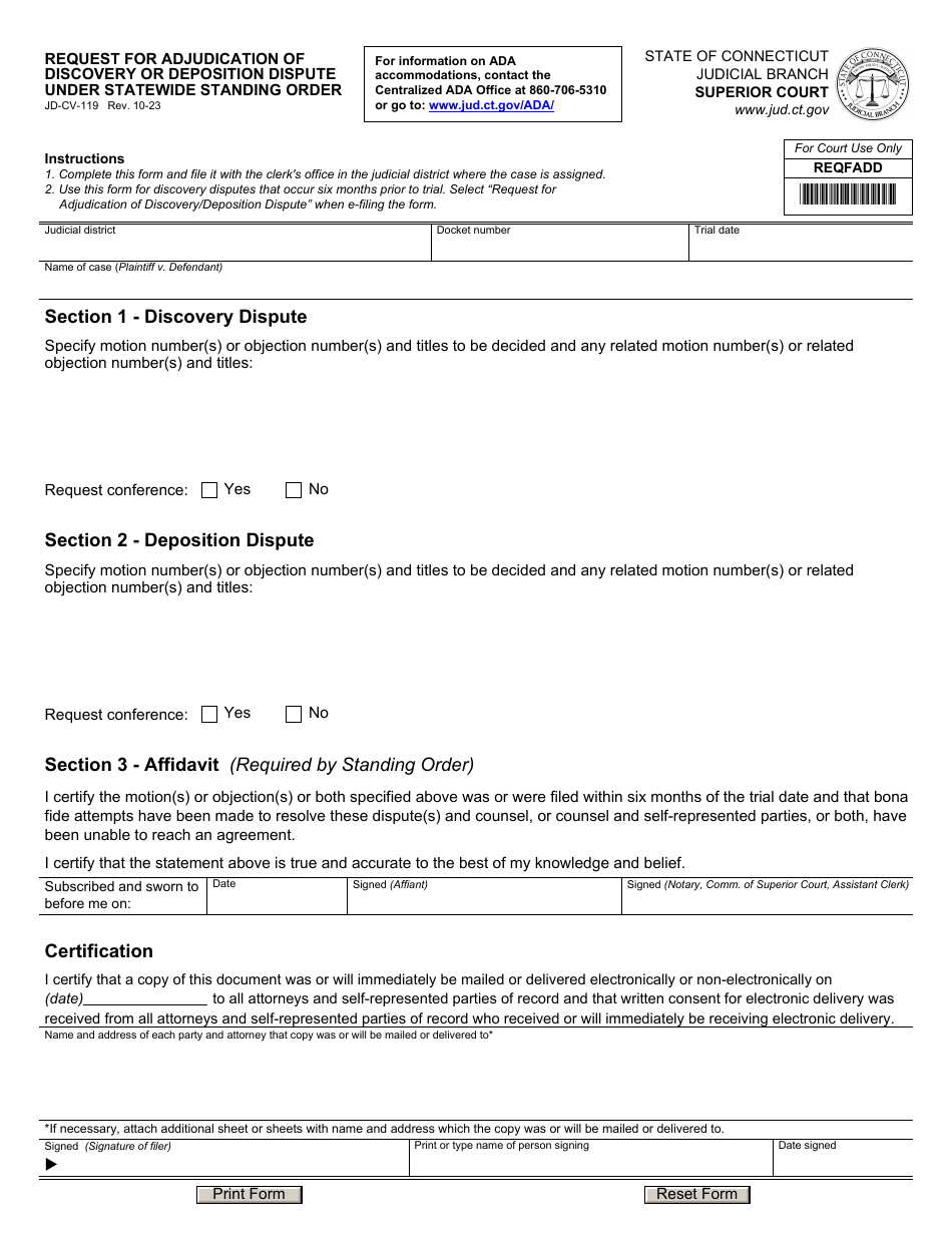 Form JD-CV-119 Request for Adjudication of Discovery or Deposition Dispute Under Statewide Standing Order - Connecticut, Page 1