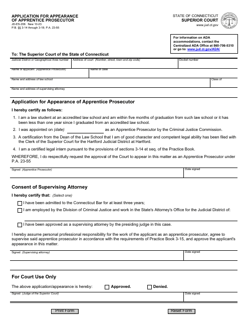 Form JD-ES-356 Application for Appearance of Apprentice Prosecutor - Connecticut