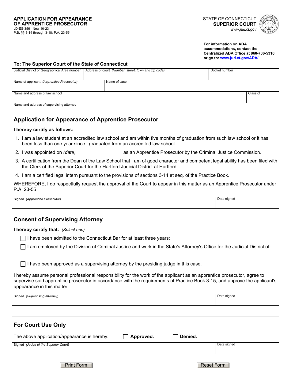 Form JD-ES-356 Application for Appearance of Apprentice Prosecutor - Connecticut, Page 1