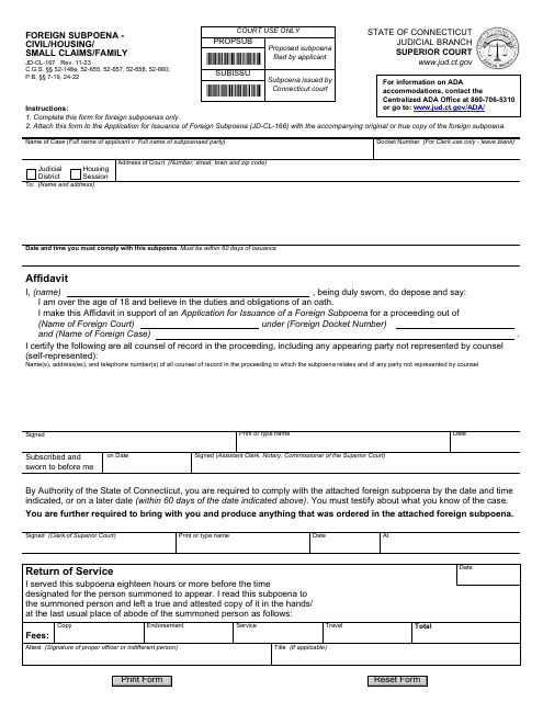 Form JD-CL-167 Foreign Subpoena - Civil/Housing/Small Claims/Family - Connecticut