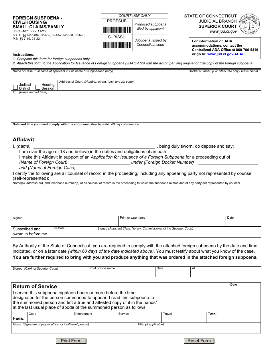 Form JD-CL-167 Foreign Subpoena - Civil / Housing / Small Claims / Family - Connecticut, Page 1