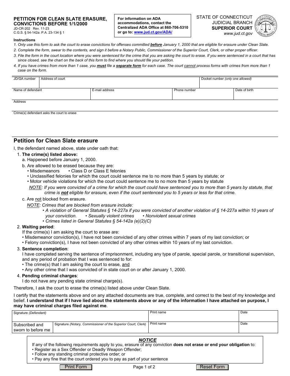 Form JD-CR-202 Petition for Clean Slate Erasure, Convictions Before 1 / 1 / 2000 - Connecticut, Page 1