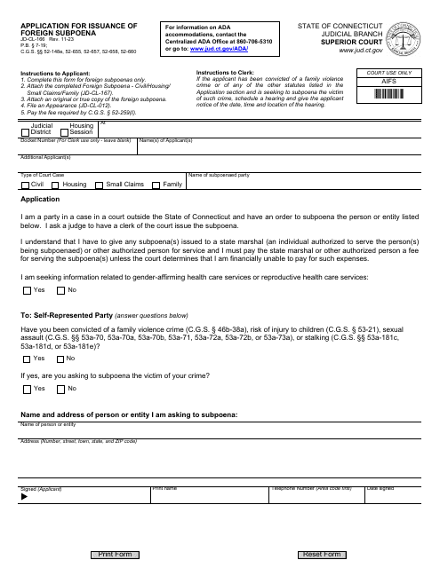 Form JD-CL-166 Application for Issuance of Foreign Subpoena - Connecticut