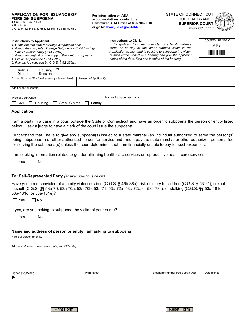 Form JD-CL-166 Application for Issuance of Foreign Subpoena - Connecticut, Page 1