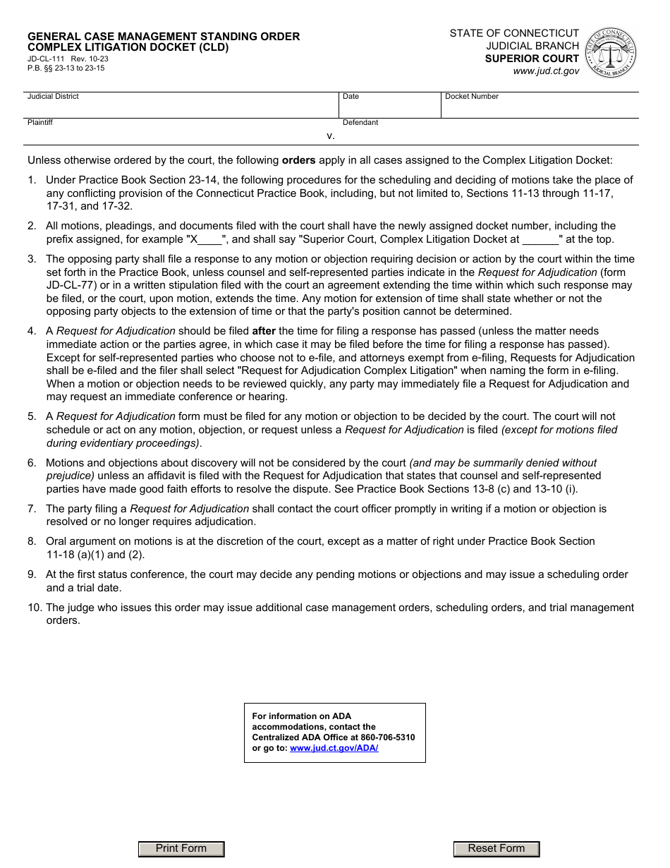 Form JD-CL-111 General Case Management Standing Order Complex Litigation Docket (Cld) - Connecticut, Page 1