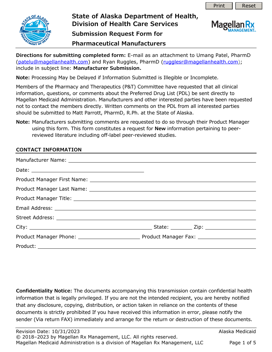 Submission Request Form for Pharmaceutical Manufacturers - Alaska, Page 1