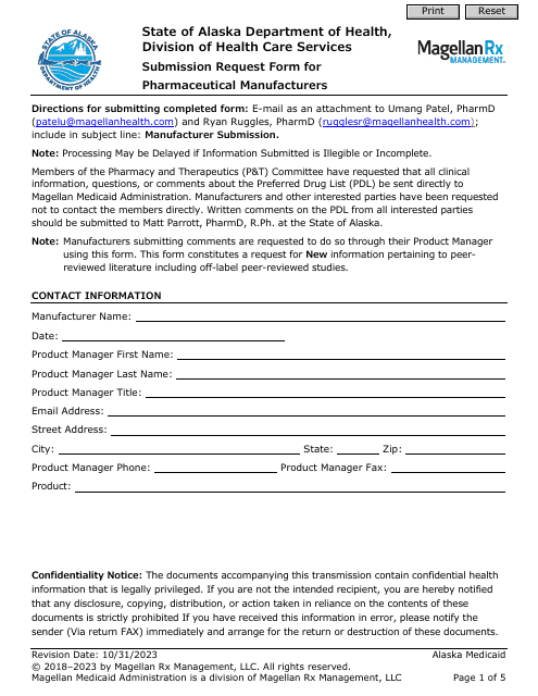 Submission Request Form for Pharmaceutical Manufacturers - Alaska Download Pdf