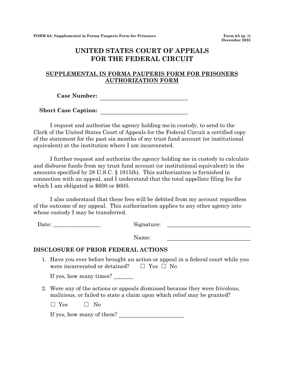 Form 6A Supplemental in Forma Pauperis Form for Prisoners Authorization Form, Page 1