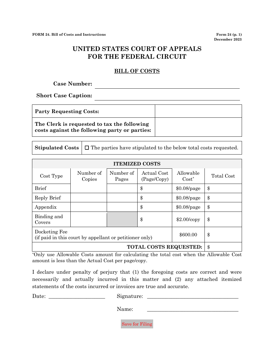 Form 24 Bill of Costs, Page 1