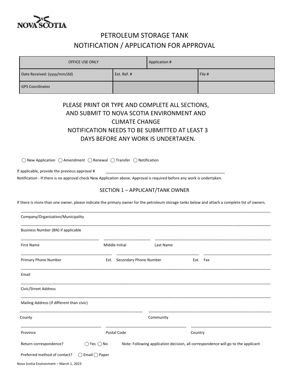 Petroleum Storage Tank Notification / Application for Approval - Nova Scotia, Canada, Page 1