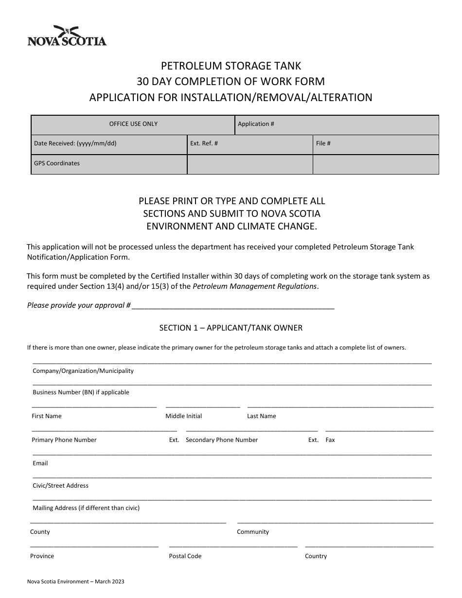 Petroleum Storage Tank 30 Day Completion of Work Form - Application for Installation / Removal / Alteration - Nova Scotia, Canada, Page 1