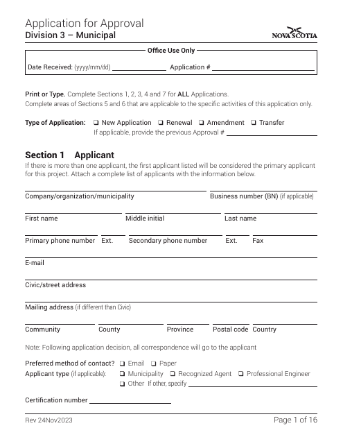Application for Approval - Division 3 - Municipal - Nova Scotia, Canada