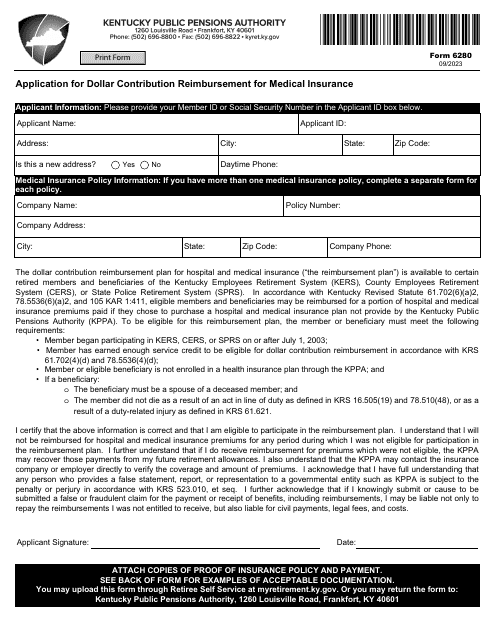 Form 6280 Application for Dollar Contribution Reimbursement for Medical Insurance - Kentucky