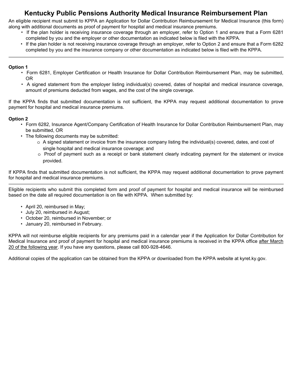 Form 6280 Application for Dollar Contribution Reimbursement for Medical Insurance - Kentucky, Page 2