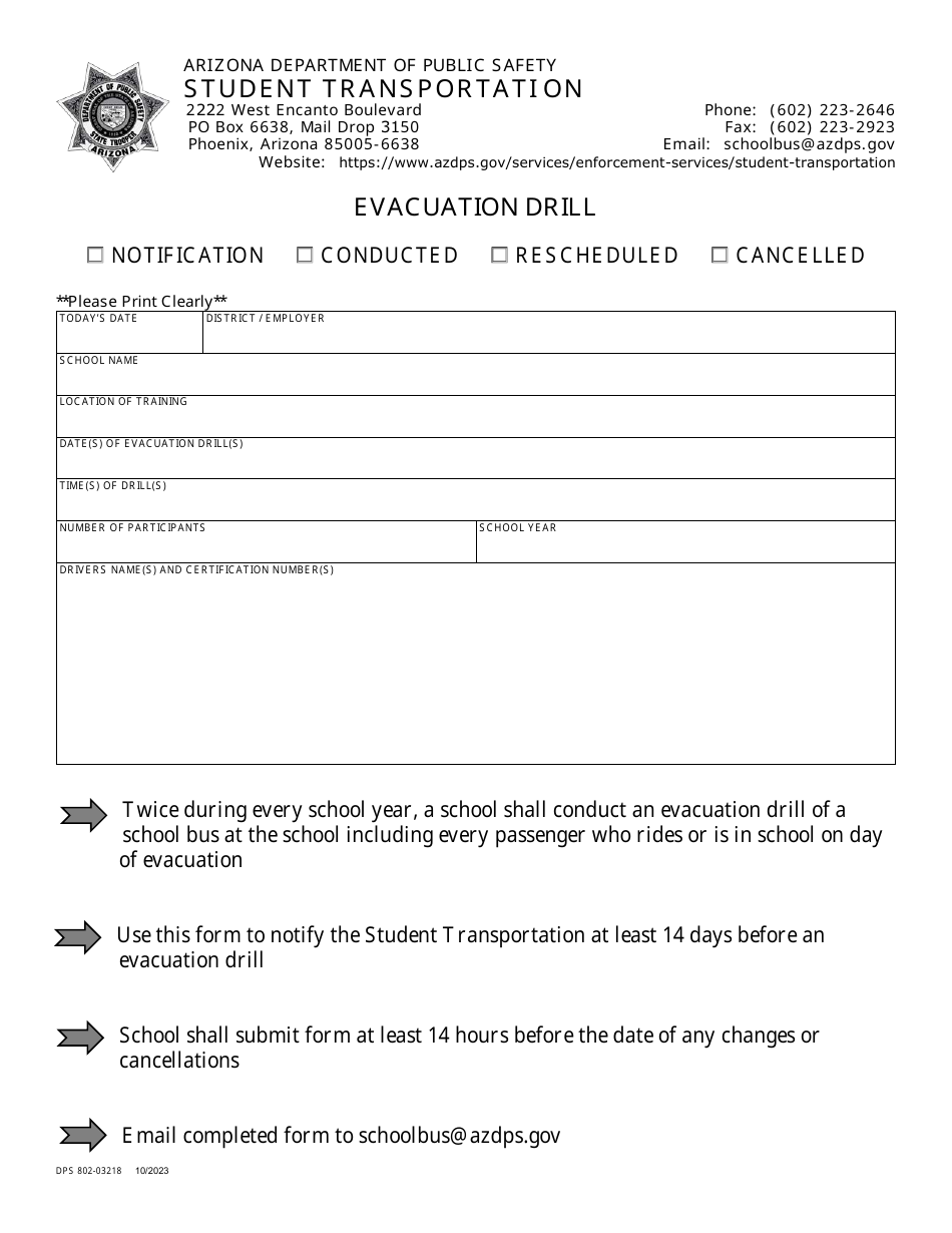 Form DPS802-03218 Evacuation Drill - Arizona, Page 1