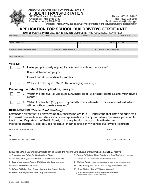 Form DPS802-03208 Application for School Bus Driver's Certificate - Arizona