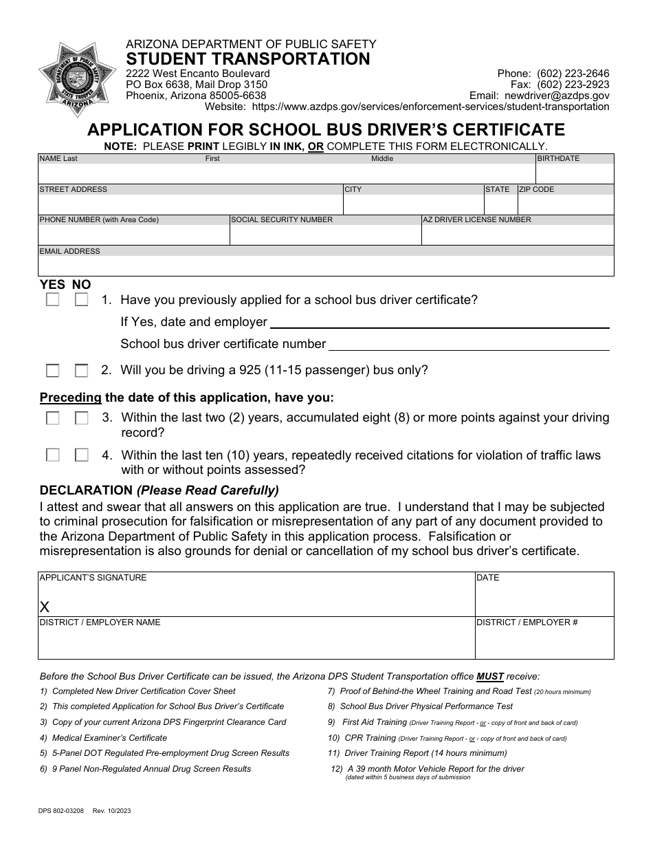 Form DPS802-03208 Application for School Bus Drivers Certificate - Arizona, Page 1