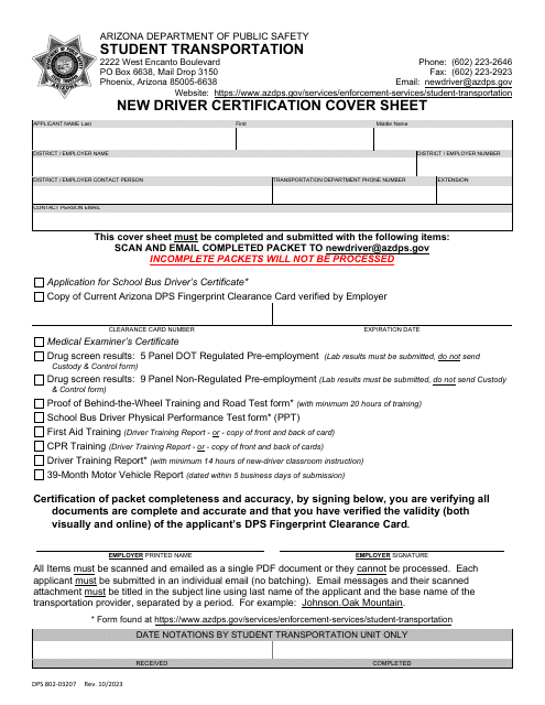 Form DPS802-03207 New Driver Certification Cover Sheet - Arizona