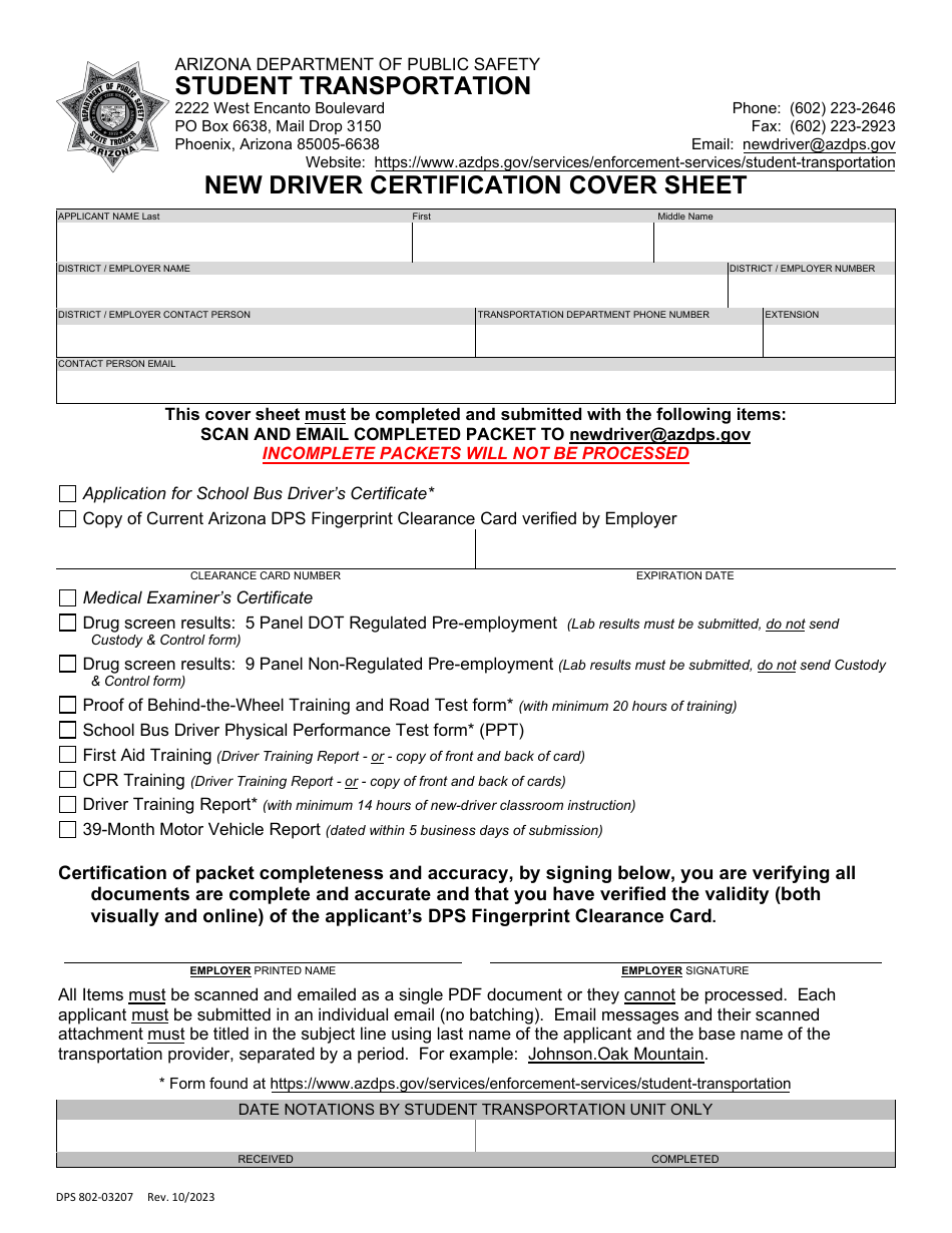 Form DPS802-03207 New Driver Certification Cover Sheet - Arizona, Page 1
