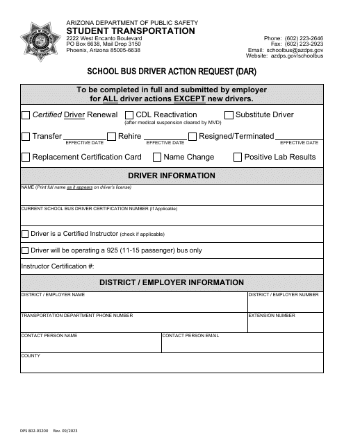 Form DPS802-03200 School Bus Driver Action Request (Dar) - Arizona