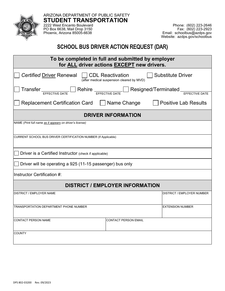 Form DPS802-03200 School Bus Driver Action Request (Dar) - Arizona, Page 1