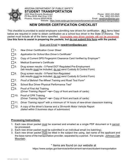 Form DPS802-03206 New Driver Certification Checklist - Arizona