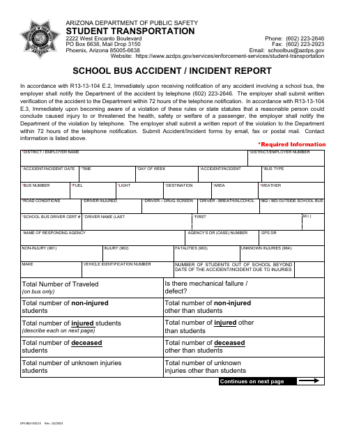 Form DPS802-03213 School Bus Accident/Incident Report - Arizona