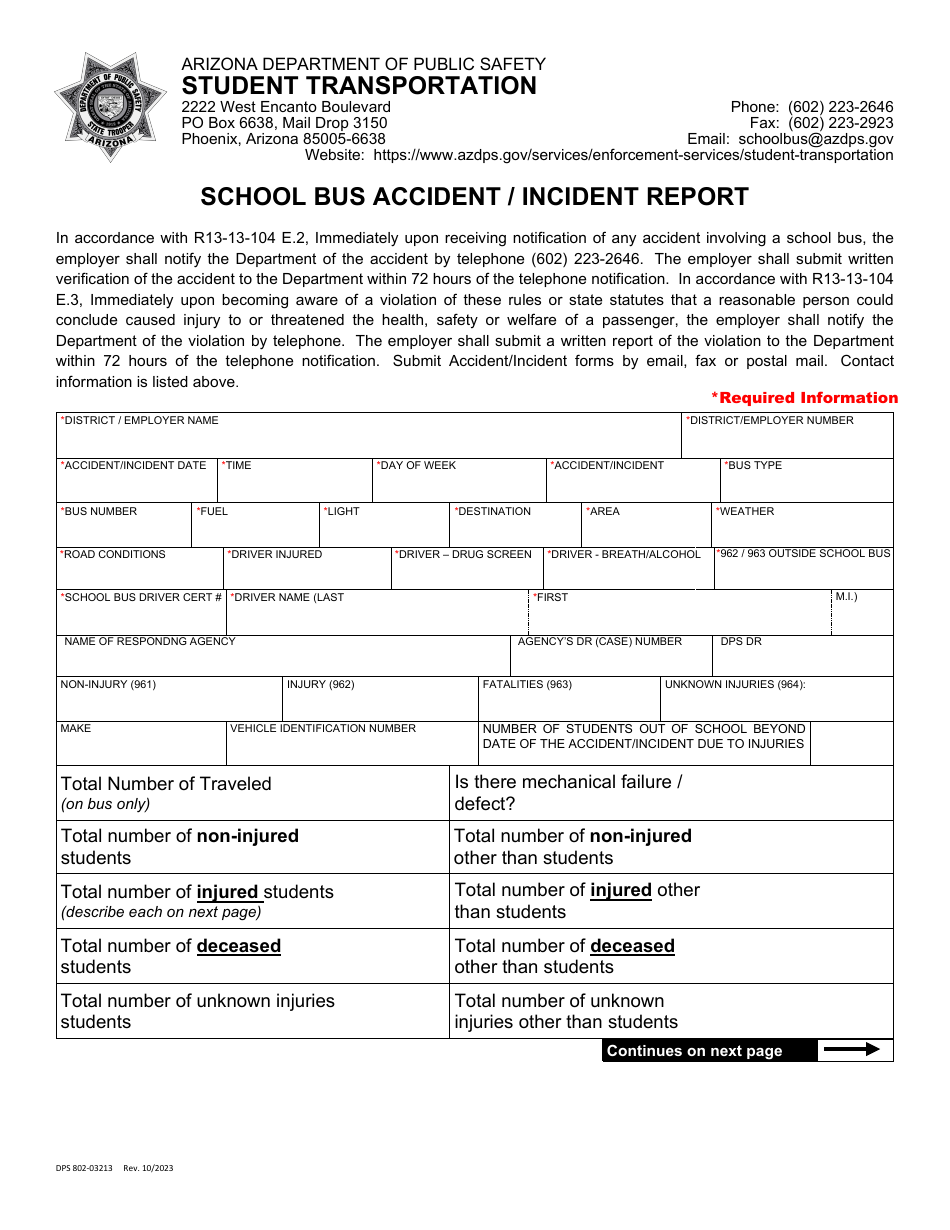 Form DPS802-03213 School Bus Accident / Incident Report - Arizona, Page 1