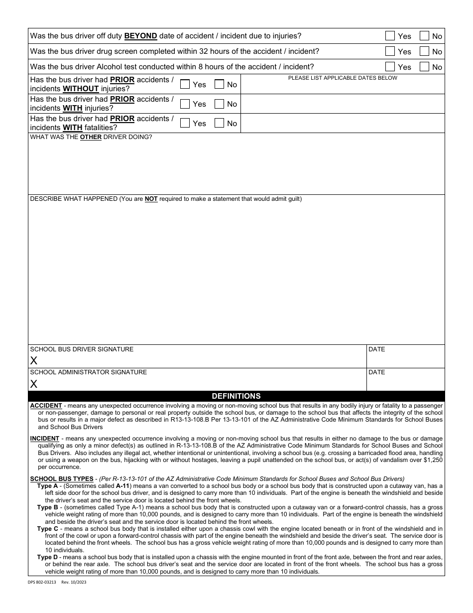 Form DPS802-03213 School Bus Accident / Incident Report - Arizona, Page 3