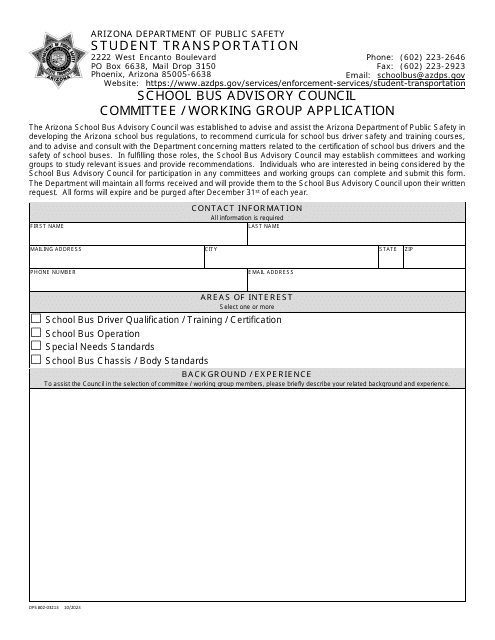 Form DPS802-03213 School Bus Advisory Council Committee/Working Group Application - Arizona