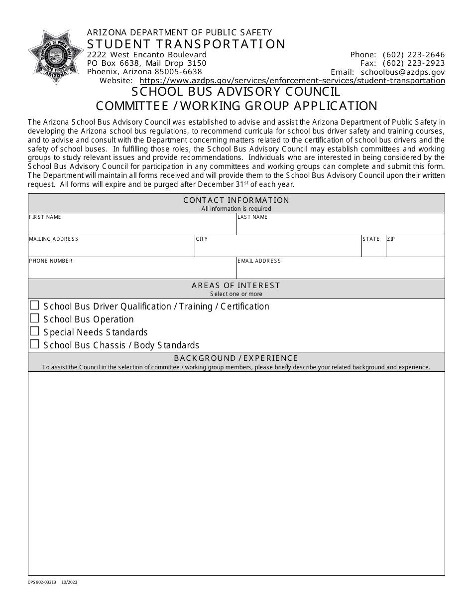 Form DPS802-03213 School Bus Advisory Council Committee / Working Group Application - Arizona, Page 1