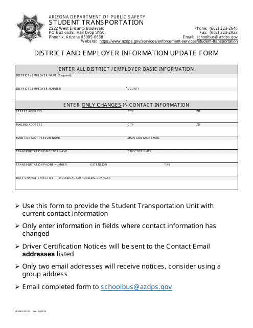 Form DPS802-03210 District and Employer Information Update Form - Arizona