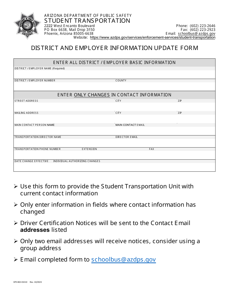Form DPS802-03210 District and Employer Information Update Form - Arizona, Page 1