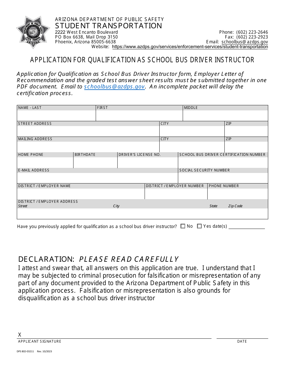 Form DPS802-03211 Application for Qualification as School Bus Driver Instructor - Arizona, Page 1