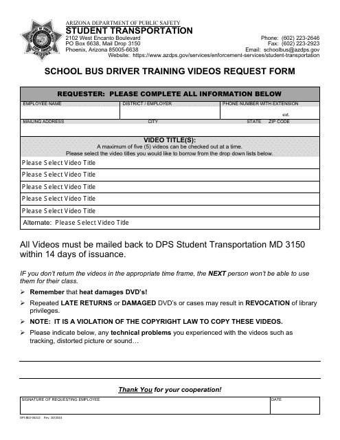 Form DPS802-03212 School Bus Driver Training Videos Request Form - Arizona