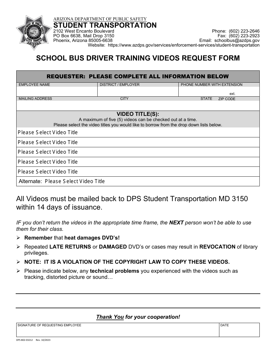 Form DPS802-03212 School Bus Driver Training Videos Request Form - Arizona, Page 1