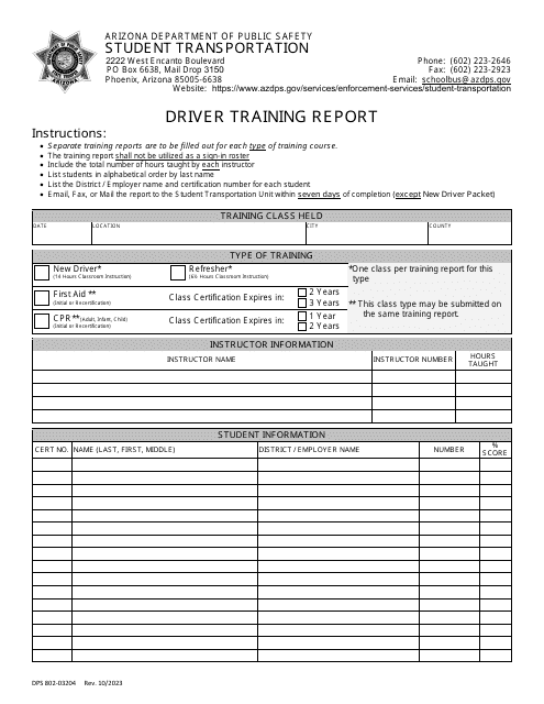 Form DPS802-03204 Driver Training Report - Arizona