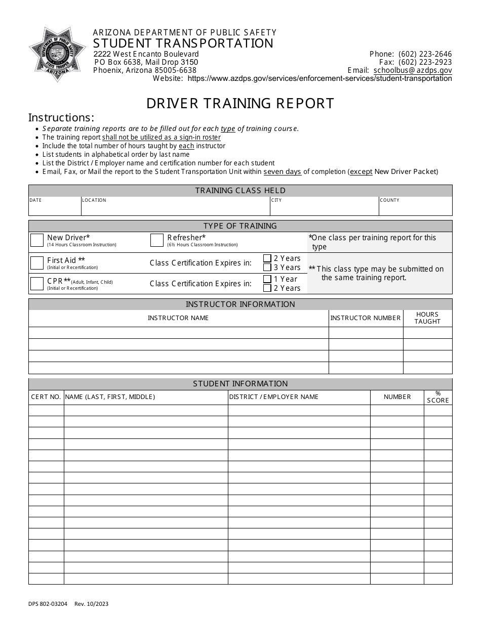 Form DPS802-03204 Driver Training Report - Arizona, Page 1