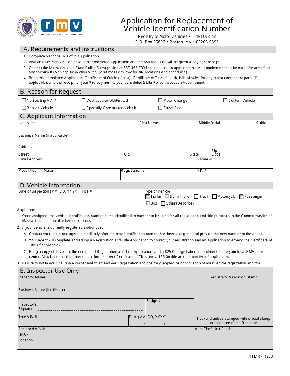 Form TTL107 Application for Replacement of Vehicle Identification Number - Massachusetts, Page 1
