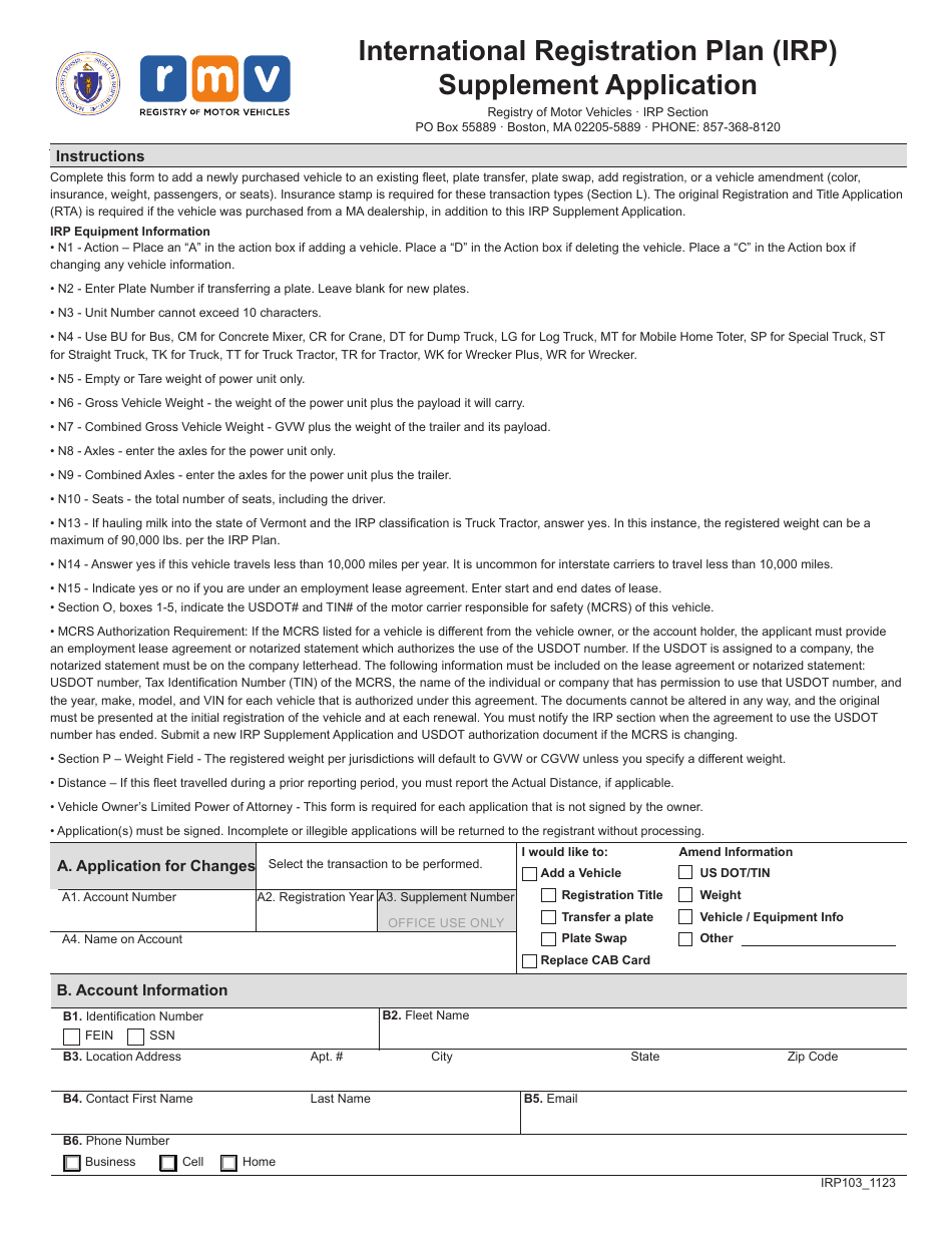 Form IRP103 International Registration Plan (Irp) Supplement Application - Massachusetts, Page 1