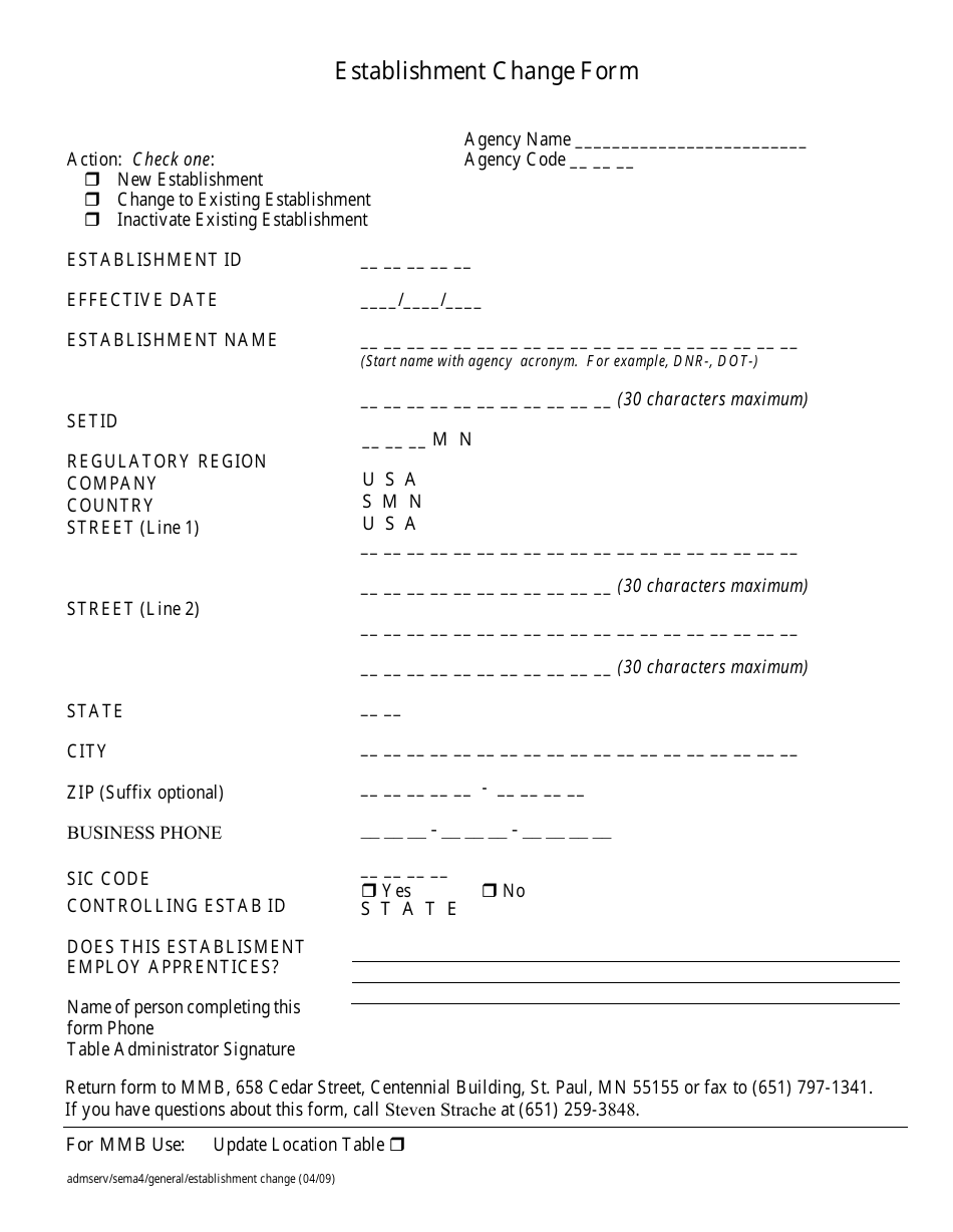 Establishment Change Form - Minnesota, Page 1