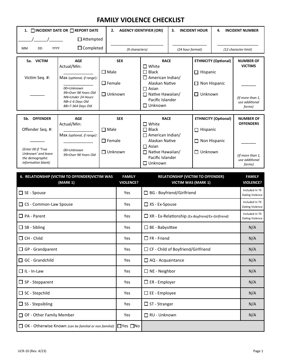Form UCR-10 Family Violence Checklist - Texas, Page 1