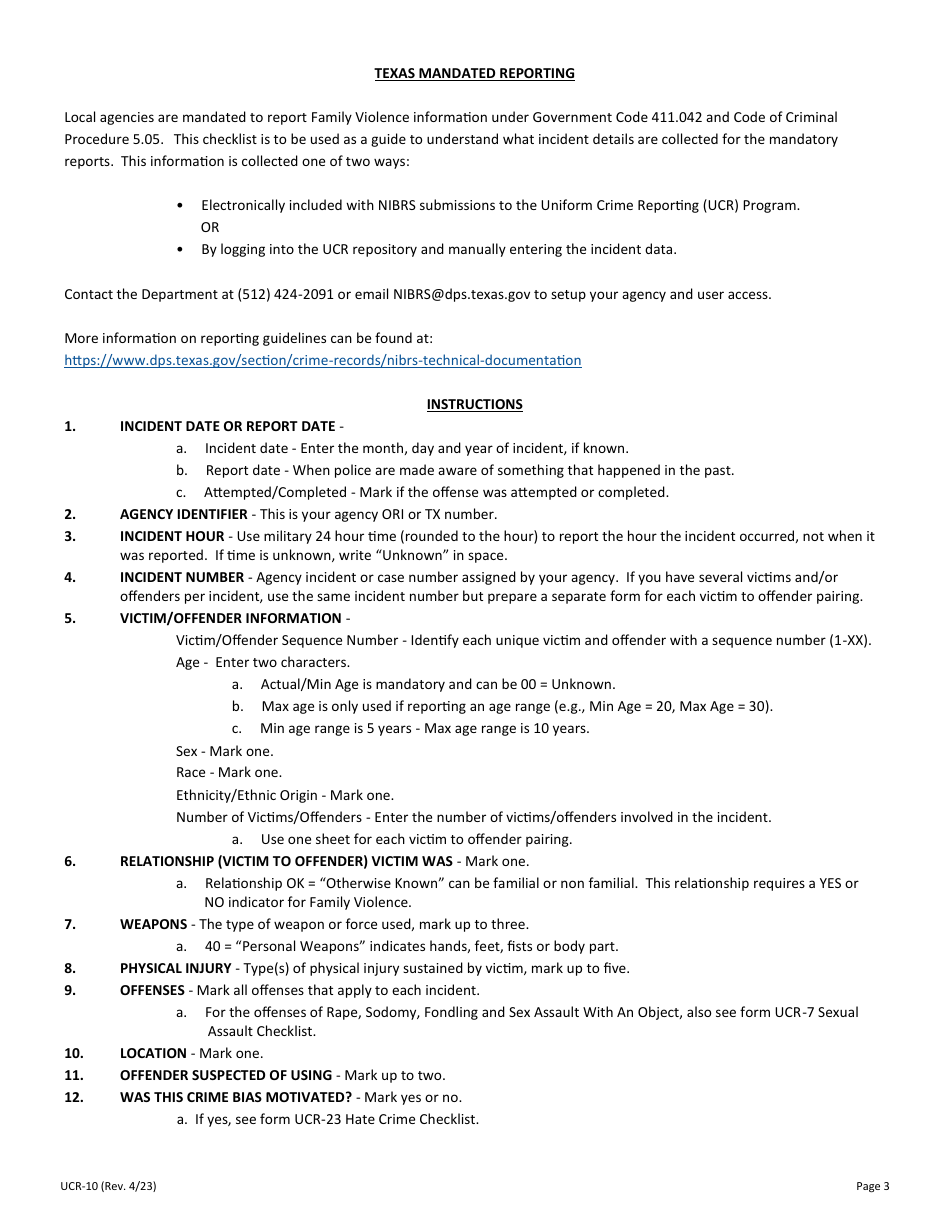 Form UCR-10 Family Violence Checklist - Texas, Page 3